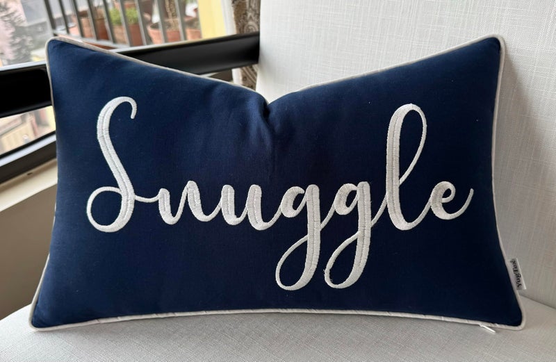 YugTex Romantic Couple Love Sentiment Embroidered Decorative Sayings Lumbar Accent Throw Pillowcase - Snuggle Phrase Decor for Wedding, Anniversary, Valentine - 12x20 Inches, Navy Blue - Image 5